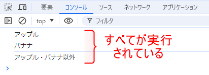 switch文でbreakを書かないと次のcaseが実行される。